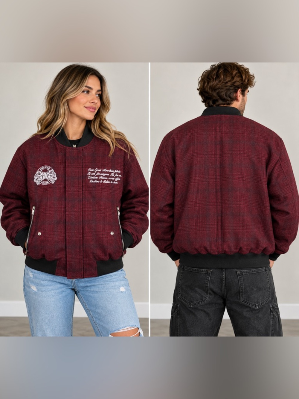 Darc Sport Wolves Club Burgundy Plaid Bomber Jacket Unisex NWT